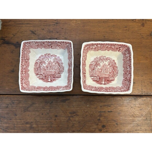 Set Of 2 Mason's Vista Red Pink Ironstone 4” Square Bowls Made in England READ - Picture 1 of 11